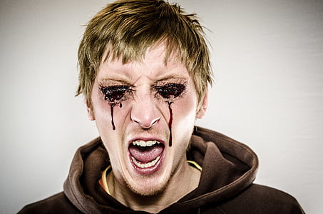 man wearing brown hoodie with blood tears thumbnail