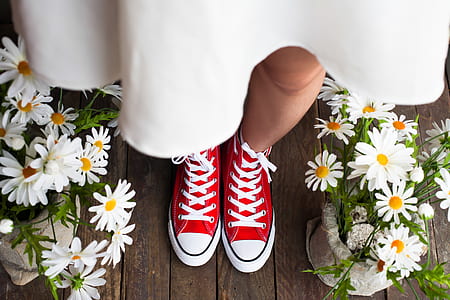 woman wearing white dress and red sneakers standing beside white daisy flowers thumbnail