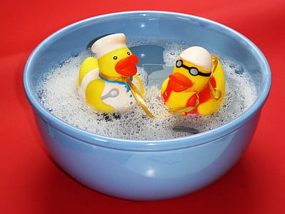 two rubber ducks on round blue bowl with bubbles thumbnail