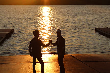 two standing man holding hands near ocean during sunset thumbnail