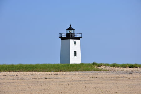 white and black lighthouse beside green grass thumbnail