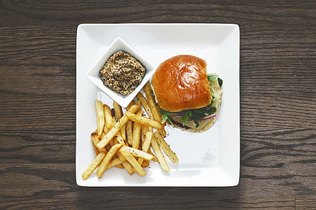 plate of burger, fried fries, and dip thumbnail