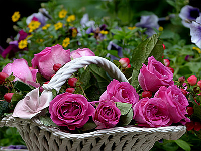 pink rose flower arrangement in white basket thumbnail