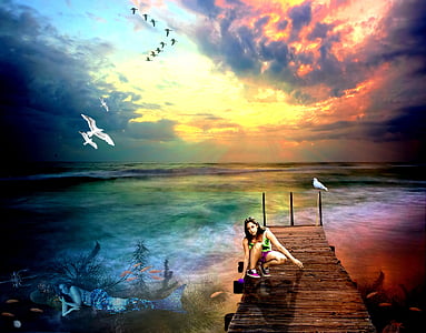 woman sitting on dock near bird during golden hour thumbnail
