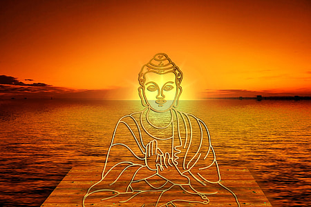 Gautama Buddha on dock fronting sunset thumbnail