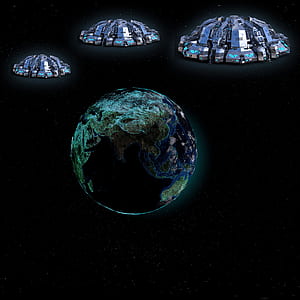 planet earth with three spaceships wallpaper thumbnail