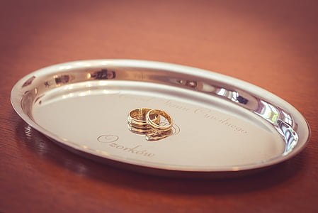 gold-colored wedding band on gray tray thumbnail