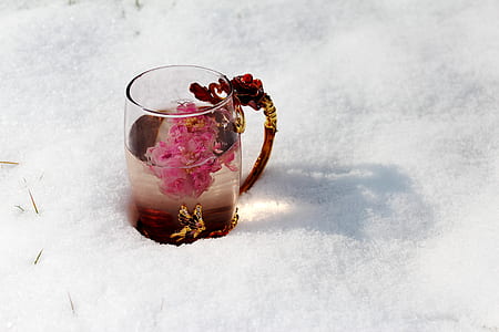 pink flowers on clear glass mug thumbnail