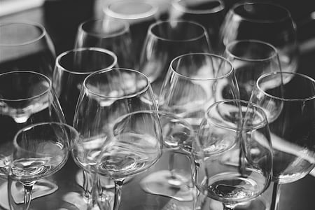 grayscale photo of clear wine glasses thumbnail