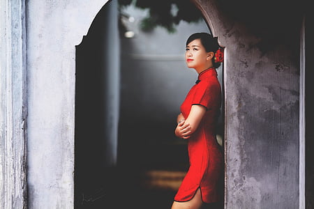 woman wear red short-sleeved mini dress thumbnail
