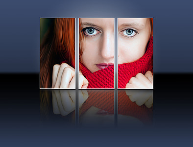 3-panel painting of woman wearing red knit apparel thumbnail