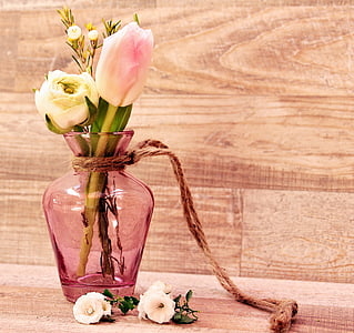 pink glass vase with pink tulips and white rose thumbnail