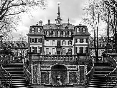 grayscale photo of mansion thumbnail