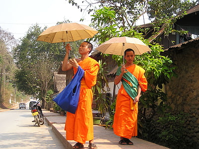 two monks with umbrellas at the sidewalk near house during day thumbnail