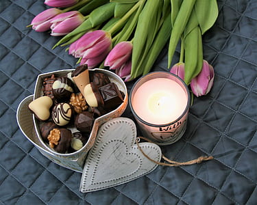 purple tulips and assorted chocolates thumbnail