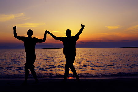 silhouette of couple holding hands on seashore thumbnail