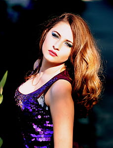woman wearing purple sequin dres thumbnail