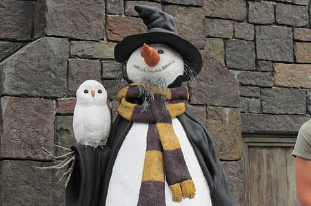 Harry Potter themed snowman with owl near brown wall at daytime thumbnail
