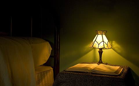 black and brown table lamp beside book thumbnail