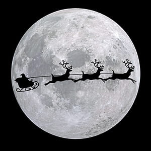 silhouette photo of Santa Claus with three reindeers during full moon thumbnail