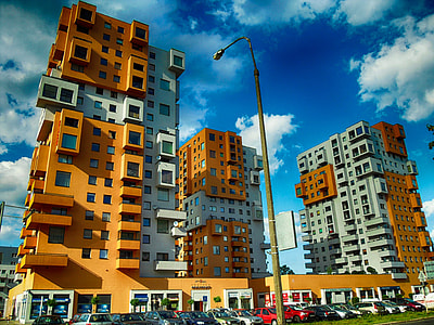 yellow and white high-rise building 3D art thumbnail