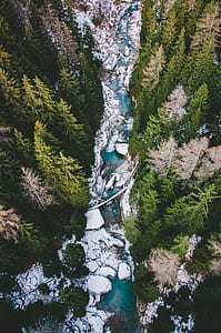 aerial shot of body of water surrounded with rocks and trees thumbnail