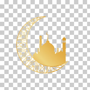Quran Religion Islam, Golden Moon religious motifs, crescent moon with mosque illustration PNG clipart