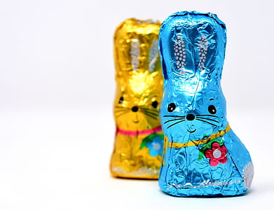 closeup photo of blue and yellow rabbit chocolate pack on white surface thumbnail