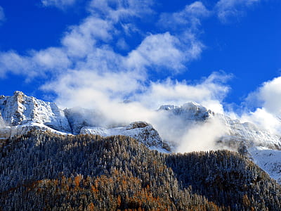 tree-covered mountain beside snow-capped mountain aerial photo thumbnail