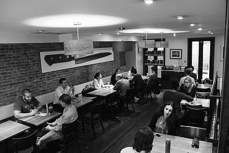 black-and-white, restaurant, people, talking thumbnail
