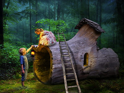 girl on log beside boy painitng thumbnail