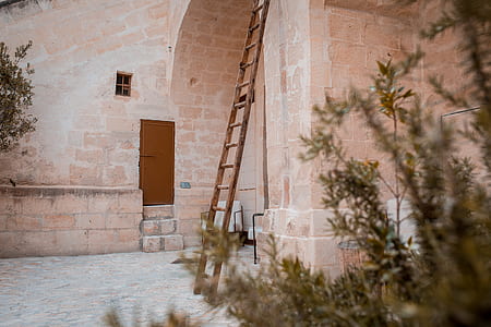 brown wooden ladder lean on wall thumbnail