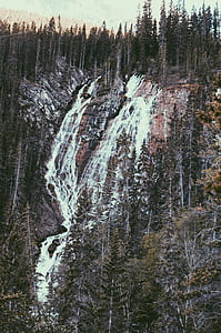 water falls on rocky mountains surrounded by trees during daytime photography thumbnail