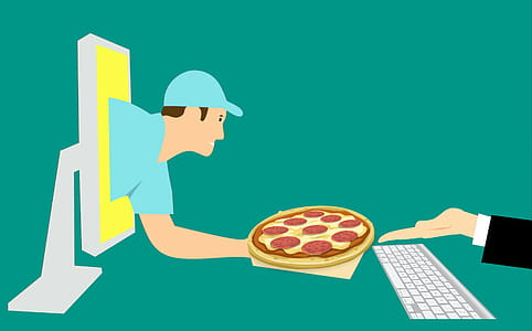 Illustration of ordering pizza online and receiving delivery. thumbnail