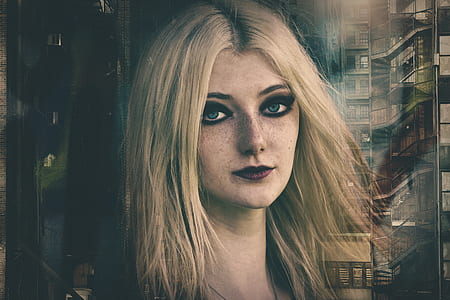 edited photo of woman wearing brown lipstick in front of building thumbnail