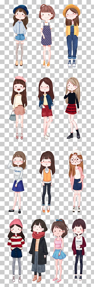 Girl Cartoon Illustration, Cute cartoon hand painted girl collection, girl fashion illustration PNG clipart