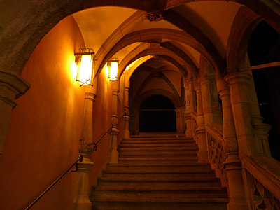 white concrete stairs with wall lamps thumbnail