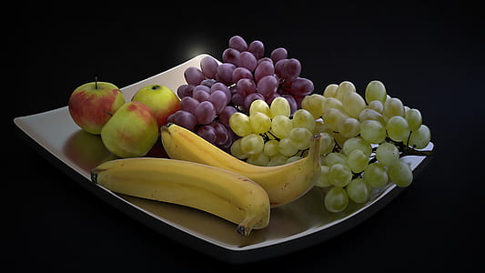 banana, grapes and apples on plate thumbnail