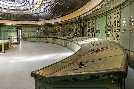 green painted control room with analog dial and gauges thumbnail