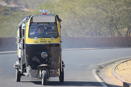person driving auto rickshaw on road near trees thumbnail