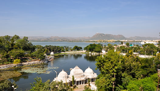 bird's-eye view of mosque beside body of water thumbnail