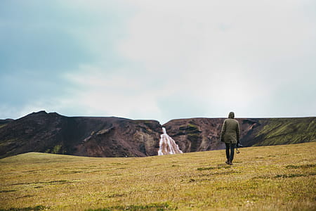 A hiker on a green field near glacier on a cloudy day thumbnail