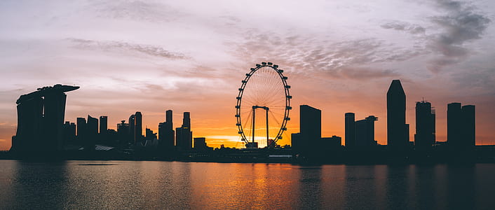 silhouette of city building and ferris wheel near body of water thumbnail
