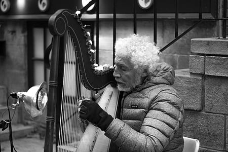 grayscale photo of male harp player thumbnail