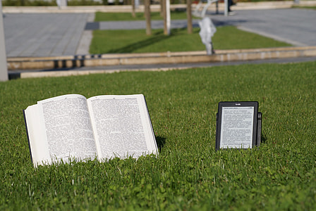 opened book on green grass thumbnail