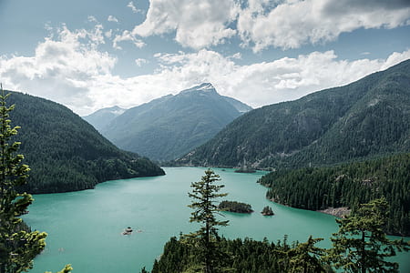 lake surrounded by mountain covered by tress thumbnail