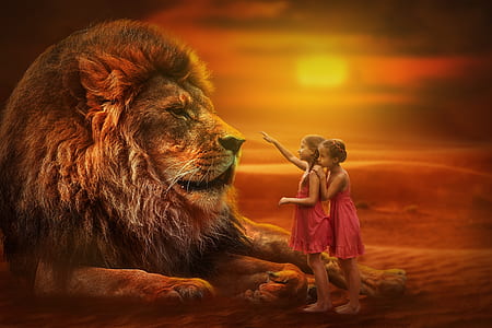 two girls in front of lion during golden hour time thumbnail