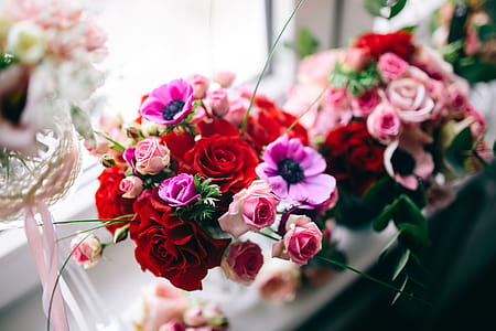 Multi-colored flowers in vases thumbnail
