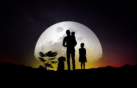 silhouette of man carrying baby with dog thumbnail