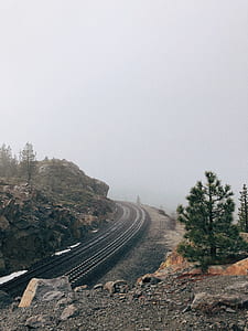 train rails under foggy sky thumbnail